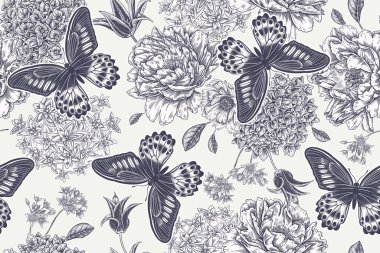 Çiçeksiz desen. Şakayıklar, ortancalar, laleler ve kelebekler. Siyah beyaz arka plan. Vintage oyma. Vektör çizimi. Tekstil, duvar kağıdı, kağıt tasarımı.