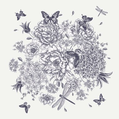 Bir buket lüks çiçek açan şakayık, ortanca, lale ve papatya. Çiçekler, kelebekler ve yusufçuk. Beyaz arka plan ve siyah grafik. Klasik botanik çizimi. Düğün çiçeği süslemesi..