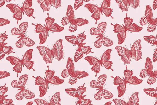 Flying Graphic Abstract Butterflies Red White Illustration Seamless Patterns Fabrics — Stock Vector