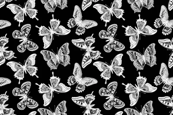 Flying Graphic Abstract Butterflies Black White Illustration Seamless Patterns Fabrics — Stock Vector