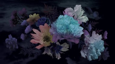 Lüks bahçe çiçekleri. Yaz buketi. Şakayıklar, güller, papatyalar ve karanfiller. Çiçek deseni. Kapaklar için lüks arka plan, kartvizitler, posterler. Eski model. Barok tarzı.