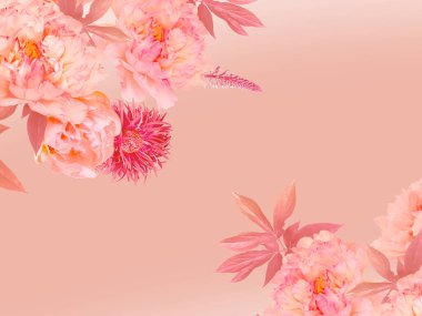 Çiçek arkaplan. Eski kart. Pembe çiçekler şakayıklar ve yapraklar. Tasarım düğün davetiyeleri, bayram kutlamaları, kartvizit, dekorasyon paketi, afiş, poster, promosyon ürünleri için şablon