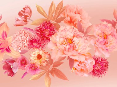 Çiçek arkaplan. Eski kart. Pembe çiçekler şakayıklar ve yapraklar. Tasarım düğün davetiyeleri, bayram kutlamaları, kartvizit, dekorasyon paketi, afiş, poster, promosyon ürünleri için şablon