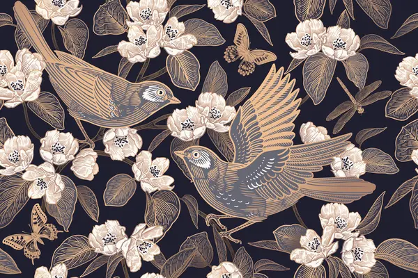 Flowers and leaves of Blossoming tree. Birds on branches, butterflies, dragonfly. Gold on black background. Floral seamless pattern. Spring Vector illustration. Vintage. Template for wallpaper, paper.