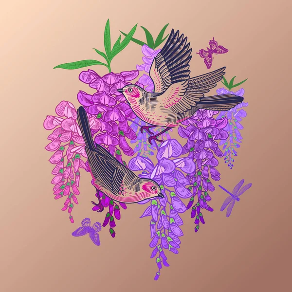 Carte Mariage Luxueuse Motif Floral Oiseaux Papillons Libellules Sur Les — Image vectorielle
