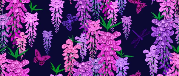 华丽的植物无缝图案 蜻蜓和荔枝的分枝 黑色背景上的丁香和紫色花 矢量图解 古旧装潢 — 图库矢量图片