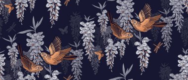 Şatafatlı çiçeksiz desen. Kuşlar, kelebekler ve Wisteria Liana 'nın dallarında yusufçuk. Karanlık arka plan ve altın kuşlar. Vektör çizimi. Klasik dekor.