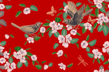 Dallardaki sevimli kuşlar, kelebekler, yusufçuk. Kırmızı arka planda çiçek ve çiçek yaprakları. Çiçeksiz desen. Spring Vector illüstrasyonu. Eski model. Duvar kağıdı şablonu, kağıt.