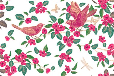 Dallardaki sevimli kuşlar, kelebekler, yusufçuk. Çiçekler ve çiçek açan ağaç yaprakları. Çiçeksiz desenli doğu tarzı. Spring Vector illüstrasyonu. Eski model. Duvar kağıdı şablonu, kağıt.