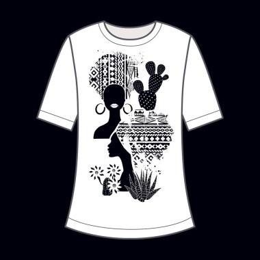 Profilde Afrikalı kızlar, tam yüz ve kaktüs silueti. Afrika modeli. Bir tişörtte dekoratif parmak izi. Siyah ve beyaz. Vektör illüstrasyonu.