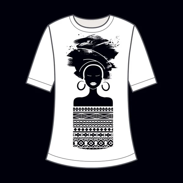 アフリカの女性が装飾服を着ているシルエット Tシャツに装飾的なプリント 黒と白 ベクトルイラスト — ストックベクタ