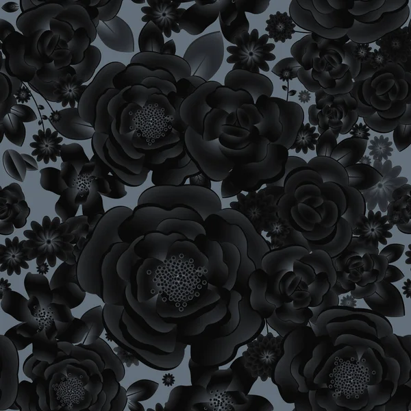 Kwiatowe Ciemne Tło Bezproblemowy Abstrakcyjny Wzór Kwiaty Liście Klasyczny Szablon — Zdjęcie stockowe