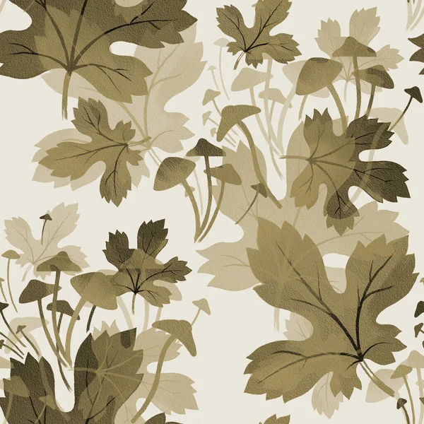 秋のメープルは葉っぱとキノコ シームレスなパターン ライトバック 織物のための設計 — ストック写真