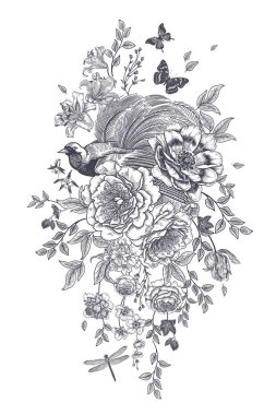 Düğün Çiçeği Dekorasyonu. Çiçekli çelenk, cennet kuşu, kelebekler ve yusufçuk. Bahçe çiçekleri şakayıklar, güller, zambaklar, dallar ve yapraklar. Siyah ve beyaz vektör çizimi. Eski.