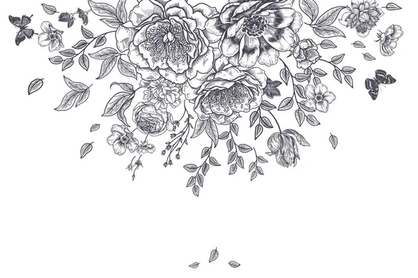 Гирлянда Роскошных Цветущих Цветов Пионы Розы Ветви Листья Бабочки Винтажная — стоковый вектор