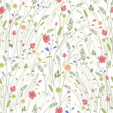 Yabani çiçekler ve dekoratif otlar. Çiçeksiz desen. Hassas ışık arkaplanı. Vektör çizimi. Kumaş, tekstil, ambalaj kağıdı, duvar kağıdı şablonu.