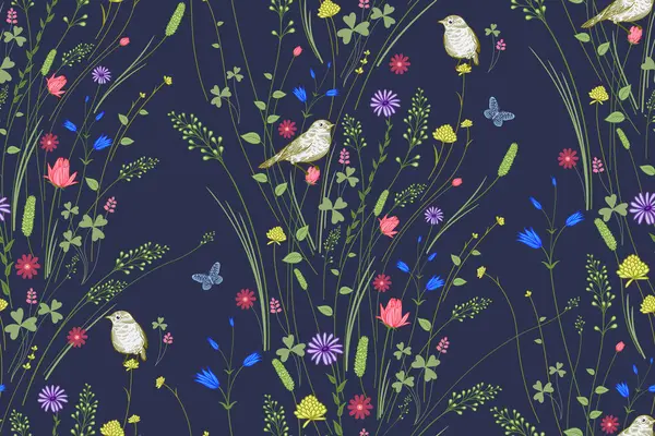 Floral Seamless Μοτίβο Αγριολούλουδα Διακοσμητικά Χόρτα Και Χαριτωμένα Πουλιά Λεπτό — Διανυσματικό Αρχείο
