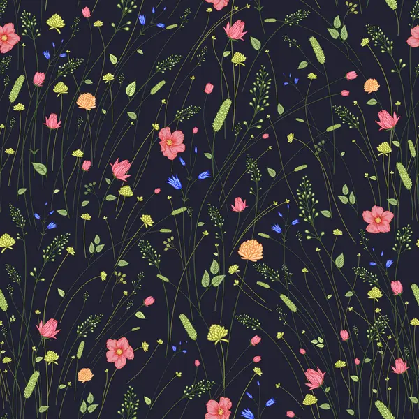 Wildblumen Und Ziergräser Floral Seamless Pattern Zarter Dunkler Hintergrund Vektorillustration — Stockvektor