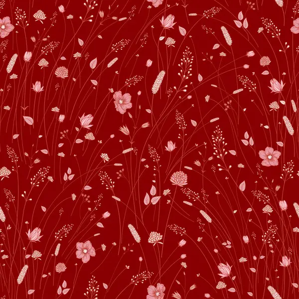 Wildblumen Und Ziergräser Floral Seamless Pattern Zarter Weinroter Hintergrund Vektorillustration — Stockvektor