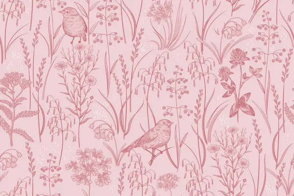 花の春のシームレスなパターン シリアル ハーブ 野生の花 かわいい鳥 フラックス クローバー その他 ベクトルイラスト ピンクとレッド — ストックベクタ