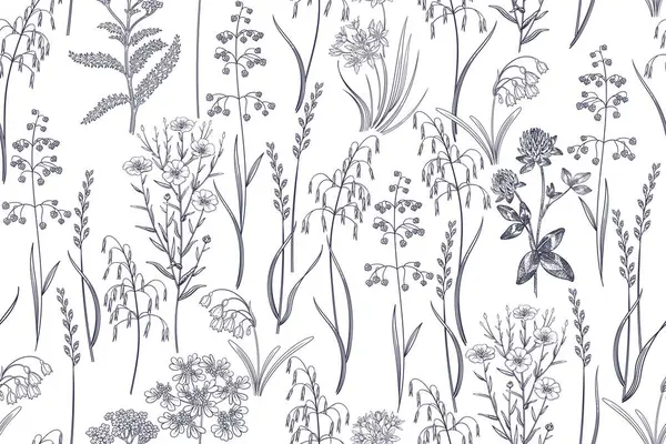 Einfaches Florales Nahtloses Muster Getreide Kräuter Und Wildblumen Flachs Klee — Stockvektor