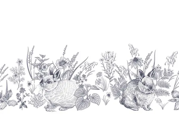 Frühling Nahtlosen Musterrand Niedliche Osterhasen Florale Schwarz Weiß Vektorillustration Kaninchen — Stockvektor