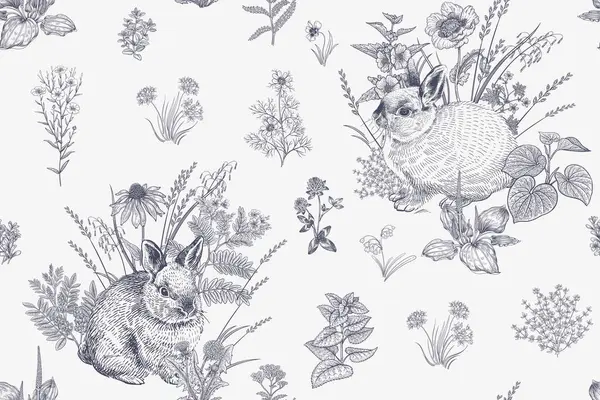 Frühling Nahtlose Muster Niedliche Osterhasen Florale Schwarz Weiß Vektorillustration Kaninchen — Stockvektor