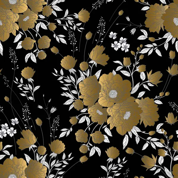 Bloemen Pioenrozen Vlinders Zwarte Achtergrond Bloemen Naadloos Patroon Vector Illustratie — Stockvector