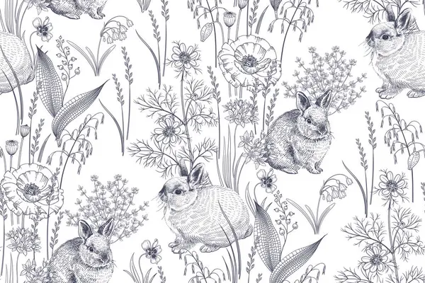 Frühling Nahtlose Muster Niedliche Osterhasen Florale Schwarz Weiß Vektorillustration Kaninchen — Stockvektor