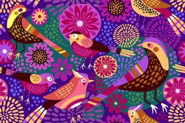 Dekoratif çiçekler ve sevimli kuşlar. Kusursuz çiçek deseni. Ambalaj kağıdı, tekstil, duvar kağıdı, çocuk kıyafetleri için şablon. Eski model. Düz vektör. Asgari illüstrasyon. Modern arkaplan.