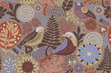 Dekoratif çiçekler ve sevimli kuşlar. Kusursuz çiçek deseni. Ambalaj kağıdı, tekstil, duvar kağıdı, çocuk kıyafetleri için şablon. Eski model. Düz vektör. Asgari illüstrasyon. Modern arkaplan.