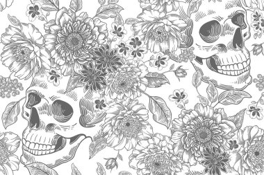 Kusursuz çiçek deseni. Çiçekler ve kafatasları. Çiçek arkaplanı. Eski model. Vektör çizimi. Siyah ve beyaz. Tekstil, duvar kağıdı, kağıt şablonu.