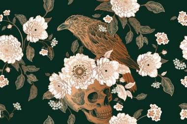 Kusursuz çiçek deseni. Kuzgun, kafatası, şakayık çiçekli çelenk. Klasik arka plan. Vektör çizimi. Koyu yeşil, beyaz, altın folyo. Tekstil, duvar kağıdı, kağıt, perde, döşeme kumaşı şablonu