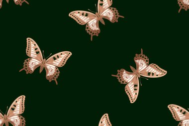 Seamless pattern flying butterflies. Deep green and gold foil illustration. Template for fabrics, textiles, pillows, clothes, interior decorations, paper, wallpaper, curtains. Trendy background. clipart