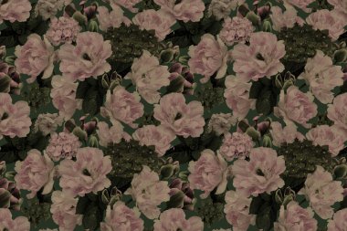 Çiçeksiz yaz şablonu. Lüks barok bahçe çiçekleri. Şakayıklar, laleler ve ortancalar. Tekstil, duvar kâğıdı, kağıt için lüks bir arka plan. Eski.