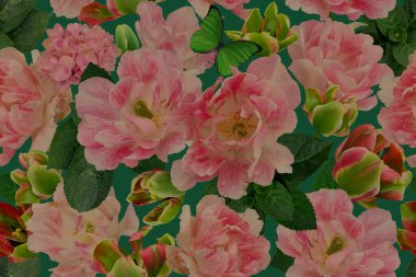 Parlak, pürüzsüz çiçek deseni. Kumaş, tekstil, ambalaj kağıdı, moda endüstrisi, iç dekorasyon için soyut tasarım. Lale çiçeği arka planı. Pembe ve yeşil Vintage çizimi.