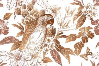 Altın folyo ve beyaz pürüzsüz desen. Hawaii gömleği tarzı. Papağan ve çiçekler. Çiçek arkaplan. Kuş, kaktüs, Türk gülü, tesisat. Tekstil, Aloha, duvar kağıdı, kağıt için vintage Vektör illüstrasyonu