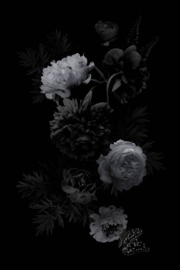 Güzel çiçek açan bahçe çiçekleri. Şatafatlı şakayıklar ve gül buketleri. Klasik siyah-beyaz gotik çizim. Düğün davetiyeleri için şablon, selamlar, kartvizitler, paketleme