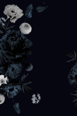 Güzel çiçek açan bahçe çiçekleri. Şatafatlı şakayıklar ve gül buketleri. Klasik siyah-beyaz gotik çizim. Telefon için Duvar Kağıdı Şablonu