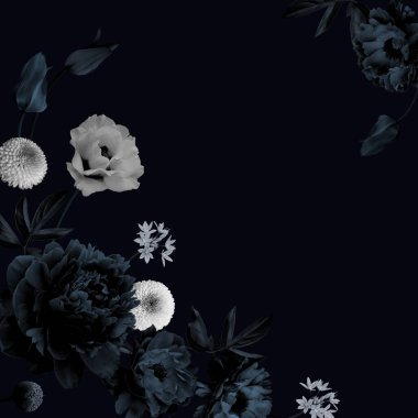 Donanma mavisi ve Beyaz Şakayıklar ve Çiçekler Dolu Çiçekler. Reklam metni, davetiye ya da tebrik için yeri olan çiçek gotik kartı. Çiçek çerçevesi