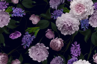 Klasik çiçek arkaplanı. Yay pürüzsüz desen. Çiçek illüstrasyonu. Full Bloom 'da Pembe Şakayıklar sümbülü. Lüks bahçe çiçekleri. Barok tarzı. Tekstil, duvar kağıdı, ambalaj kağıdı şablonu