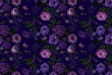 Çiçeksiz desen. Klasik Bahar Çiçeği çizimi. Full Bloom 'da çok renkli şakayıklar ve sümbüller. Siyah arka planda lüks bahçe çiçekleri. Tekstil, duvar kağıdı, ambalaj şablonu 