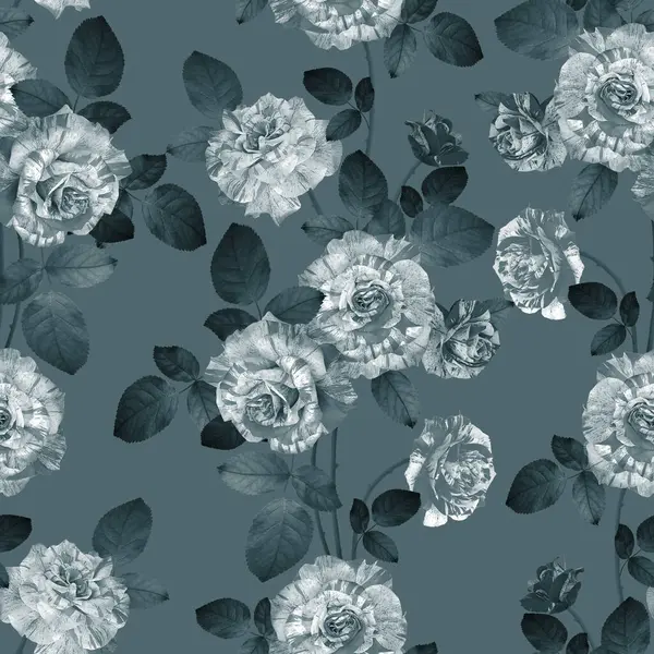 Klasik çiçeksiz desen. Yaz Çiçeği illüstrasyonu. Full Bloom 'daki muhteşem güller. Lüks bahçe çiçekleri. Siyah beyaz arka plan. Tekstil, duvar kağıdı, ambalaj kağıdı için.