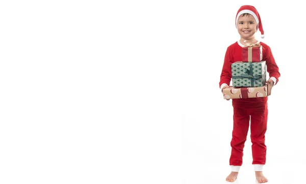 Rapaz Muito Adorável Com Papai Noel Pijama Divertir Muito Estúdio — Fotografia de Stock