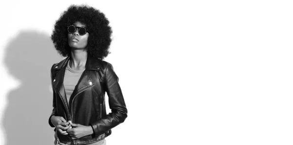 stock image Black and white pictures of fashion model with afro hairstyle.