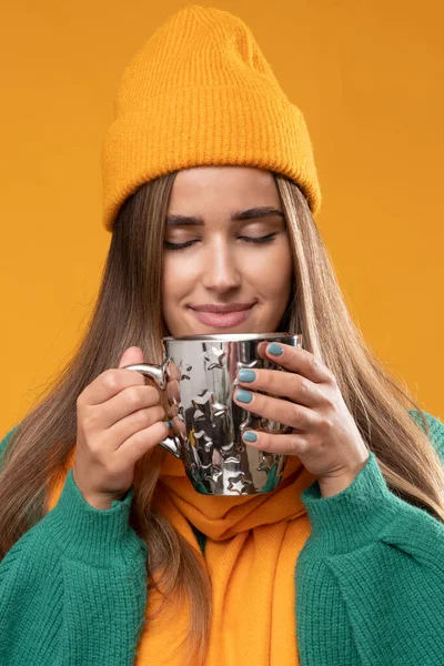 Young Woman Wearing Winter Hat Scarf Mug Orange Background — Stock Photo, Image