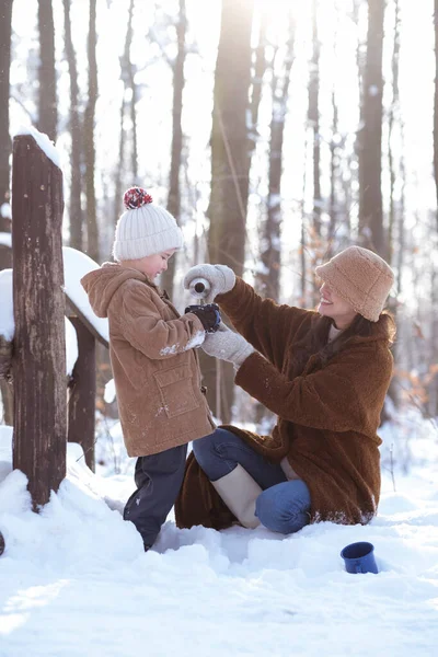 Mom Son Have Winter Tea Break Beautiful Snowy Forest Area — Stock Photo, Image