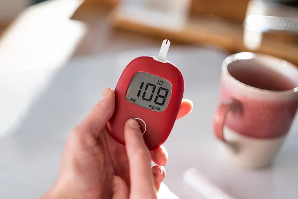 Woman Checks Her Blood Glucose Level Morning — Stok fotoğraf