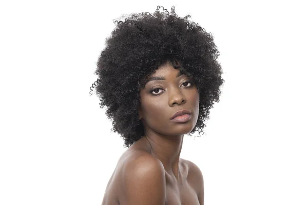 Very Attractive Black Female Curly Hair Smooth Skin Isolated White — Stock Photo, Image