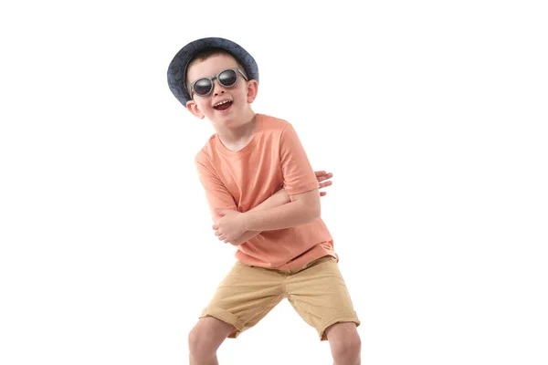 Маленький Мальчик Модной Одежде Веселится Фотостудии — стоковое фото